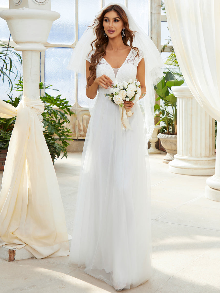 Color=Cream | Cap Sleeve Lace V-Neck Long Wholesale A-Line Wedding Dress-Cream 1