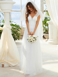 Color=Cream | Cap Sleeve Lace V-Neck Long Wholesale A-Line Wedding Dress-Cream 4