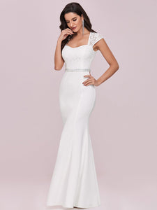 Color=Cream | Wholesale Cap Sleeve Sweetheart Mermaid Style Wedding Dress-Cream 3