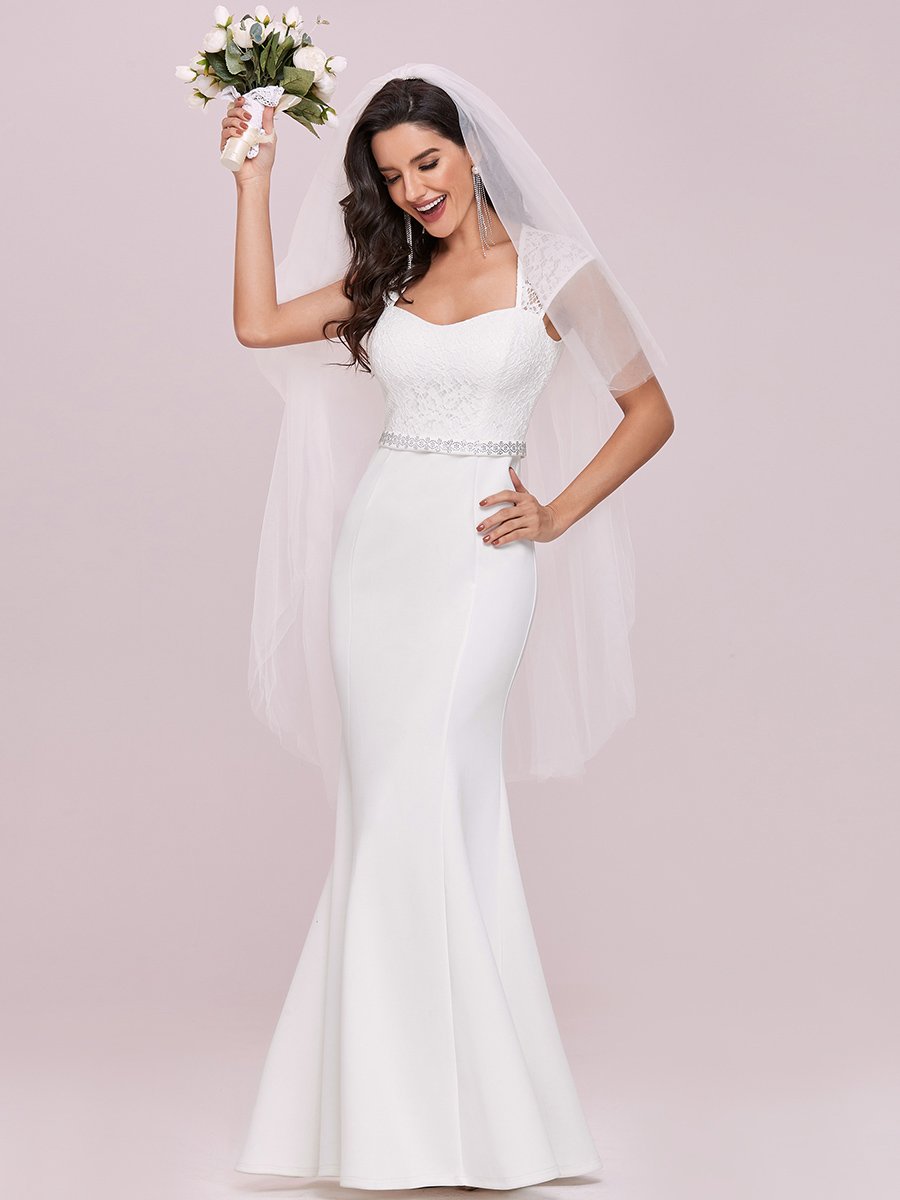 Color=Cream | Wholesale Cap Sleeve Sweetheart Mermaid Style Wedding Dress-Cream 1