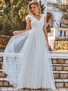 Color=Cream | Plain Double V Neck Wholesale Lace Bodice Sleeveless Wedding Dress-Cream 7