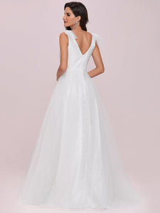 Color=Cream | Plain Double V Neck Wholesale Lace Bodice Sleeveless Wedding Dress-Cream 2