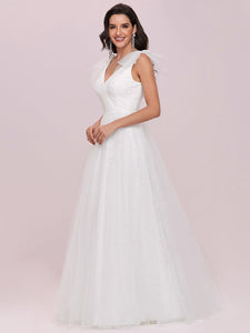 Color=Cream | Plain Double V Neck Wholesale Lace Bodice Sleeveless Wedding Dress-Cream 4