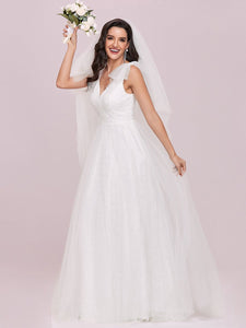 Color=Cream | Plain Double V Neck Wholesale Lace Bodice Sleeveless Wedding Dress-Cream 1