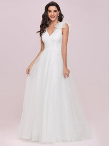Color=Cream | Plain Double V Neck Wholesale Lace Bodice Sleeveless Wedding Dress-Cream 5