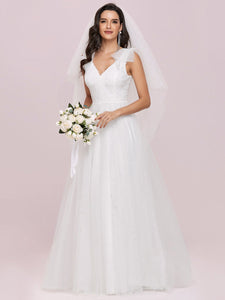 Color=Cream | Plain Double V Neck Wholesale Lace Bodice Sleeveless Wedding Dress-Cream 3