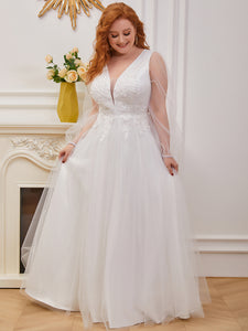 Color=Cream | Amazing Wholesale Plus Size Wedding Dress With Long Sleeve Eh00230-Cream 2
