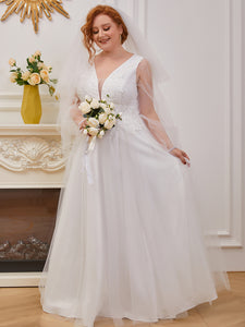 Color=Cream | Amazing Wholesale Plus Size Wedding Dress With Long Sleeve Eh00230-Cream 3