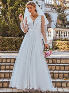 Color=Cream | Elegant A-Line Deep V Neck Wholesale Wedding Dress Eh00230-Cream 1