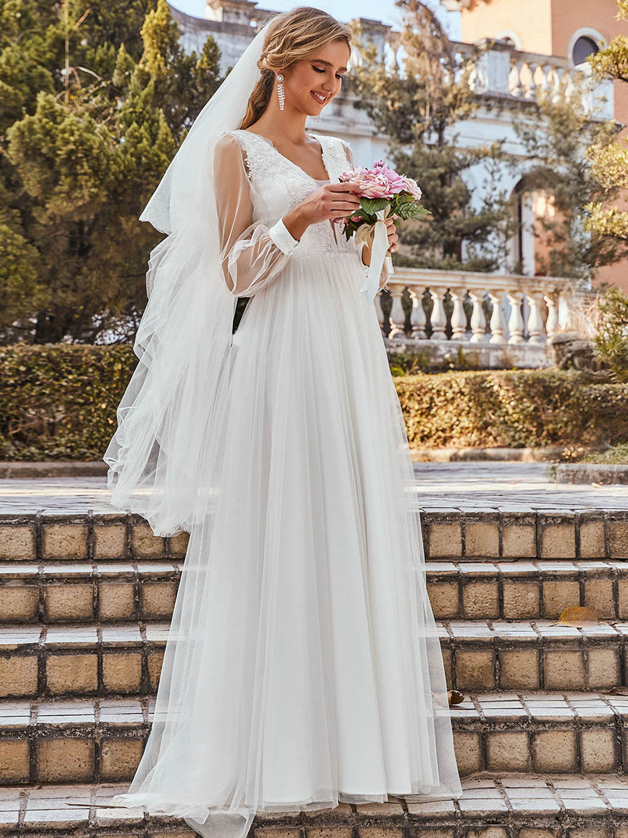 Color=Cream | Cute A-Line Appliqued Wholesale Maxi Wedding Dress Eh00231-Cream 1