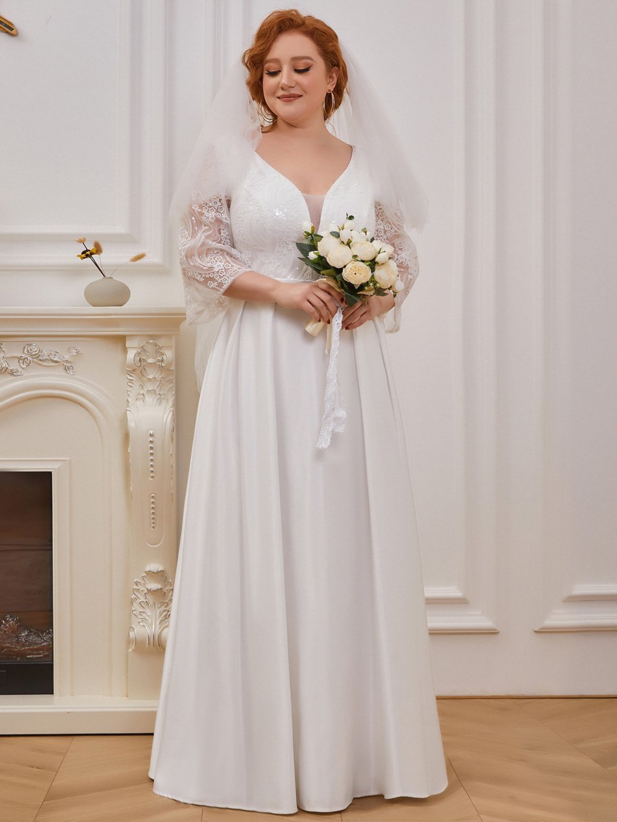 Color=Cream | Elegant Applique Wholesale Simple Wedding Dress With Half Sleeves Eh00233-Cream 1