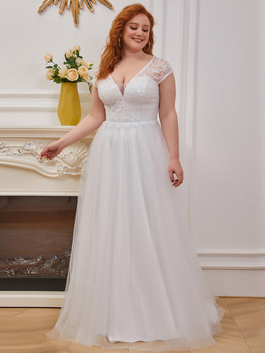 Color=Cream | Trendy Deep V Neck Tulle Wholesale Wedding Dress Eh00235-Cream 1