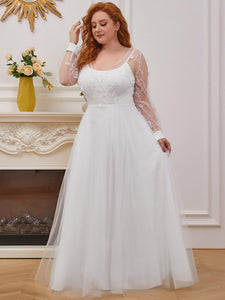 Color=Cream | Plus Size Wholesale Simple Tulle Wedding Dress With Long Sleeves-Cream 2