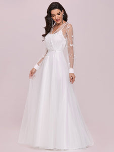 Color=Cream | Elegant Wholesale Tulle Wedding Dress With Lace Decoration-Cream 3
