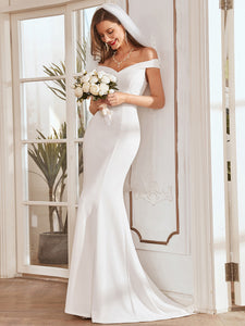 Color=Cream | Plain Wholesale Solid Color Off Shoulder Mermaid Wedding Dress-Cream 1