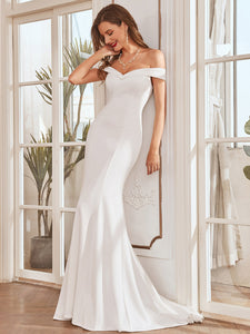 Color=Cream | Plain Wholesale Solid Color Off Shoulder Mermaid Wedding Dress-Cream 4
