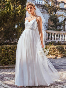 Color=Cream | Fashionable High Waist Wholesale Wedding Dress With Spaghetti Straps Eh00261-Cream 5
