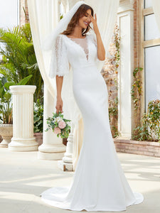 Color=White | Three Quarter Puff Sleeves Fishtail Wholesale Wedding Dresses-White 1