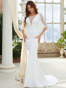 Color=White | Three Quarter Puff Sleeves Fishtail Wholesale Wedding Dresses-White 4