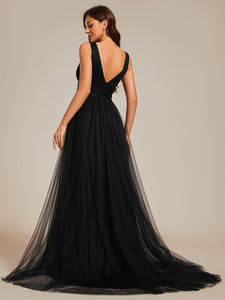 Color=Black | Backless A Line Sleeveless Wholesale Wedding Dresses with Deep V Neck EH0096A-Black 9