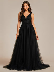 Color=Black | Backless A Line Sleeveless Wholesale Wedding Dresses with Deep V Neck EH0096A-Black 10