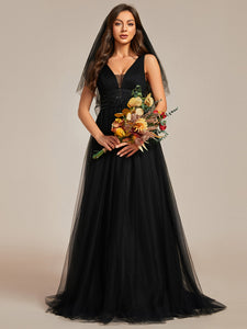 Color=Black | Backless A Line Sleeveless Wholesale Wedding Dresses with Deep V Neck EH0096A-Black 11