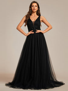 Color=Black | Backless A Line Sleeveless Wholesale Wedding Dresses with Deep V Neck EH0096A-Black 8