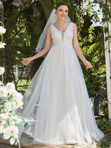 Color=Ivory | Backless A Line Sleeveless Wholesale Wedding Dresses with Deep V Neck-Ivory 1