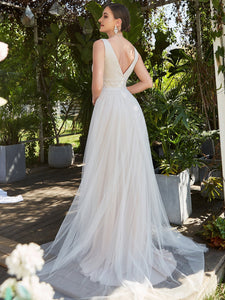 Color=Ivory | Backless A Line Sleeveless Wholesale Wedding Dresses with Deep V Neck EH0096A-Ivory 2