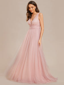 Color=Pink | Backless A Line Sleeveless Wholesale Wedding Dresses with Deep V Neck EH0096A-Pink 