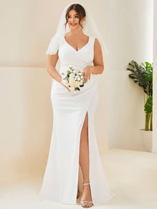 Color=White | Deep V Neck Fishtail Sleeveless Split Wholesale Wedding Dresses-White 4