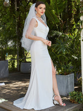 Load image into Gallery viewer, Color=White | Deep V Neck Fishtail Sleeveless Split Wholesale Wedding Dresses-White 3