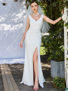 Color=White | Deep V Neck Fishtail Sleeveless Split Wholesale Wedding Dresses-White 4