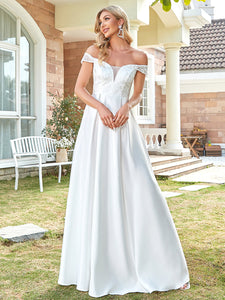 Color=White | Cute A Line Floor Length Wholesale Wedding Dresses with Off-Shoulders-White 1