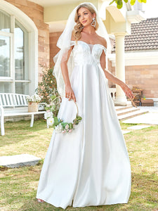 Color=White | Cute A Line Floor Length Wholesale Wedding Dresses with Off-Shoulders-White 3