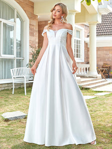 Color=White | Cute A Line Floor Length Wholesale Wedding Dresses with Off-Shoulders-White 4