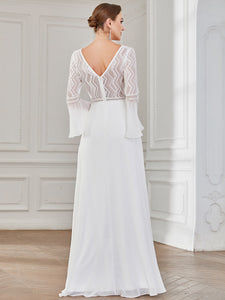 Color=White | Deep V Neck A Line Wholesale Wedding Dresses with Long Sleeves-White 3