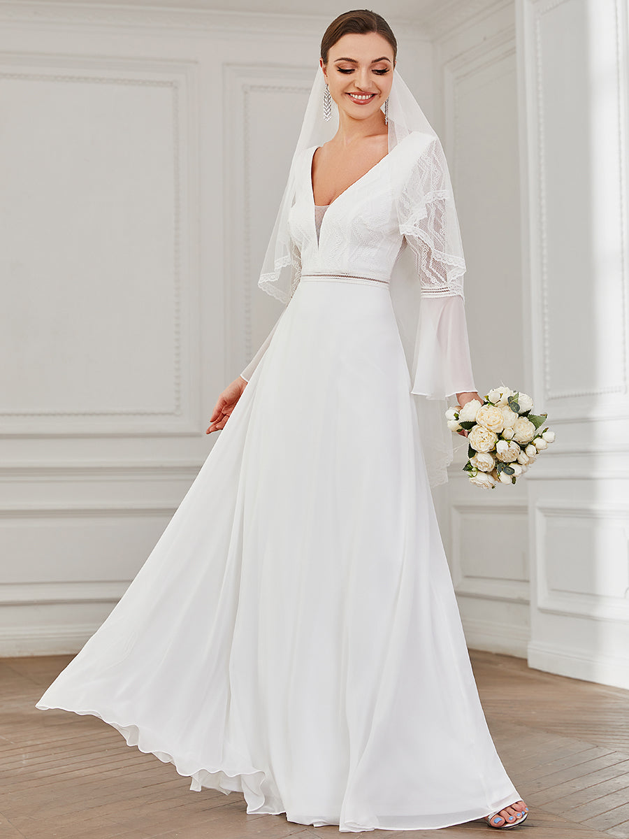 Color=White | Deep V Neck A Line Wholesale Wedding Dresses with Long Sleeves-White 1