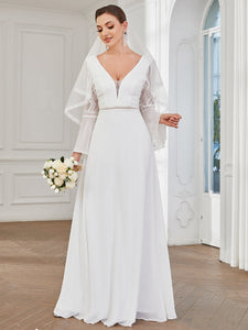 Color=White | Deep V Neck A Line Wholesale Wedding Dresses with Long Sleeves-White 2