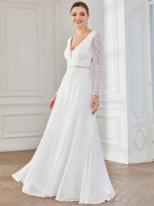 Color=White | Deep V Neck A Line Wholesale Wedding Dresses with Long Sleeves-White 4