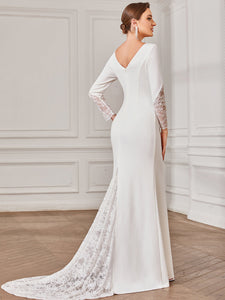 Color=White | Elegant Deep V Neck Long Sleeves A Line Wholesale Wedding Dresses-White 2