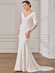 Color=White | Elegant Deep V Neck Long Sleeves A Line Wholesale Wedding Dresses-White 3