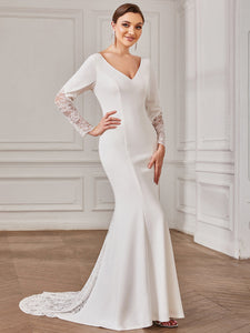 Color=White | Elegant Deep V Neck Long Sleeves A Line Wholesale Wedding Dresses-White 4