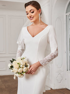 Color=White | Elegant Deep V Neck Long Sleeves A Line Wholesale Wedding Dresses-White 5