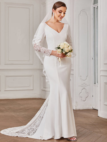 Color=White | Elegant Deep V Neck Long Sleeves A Line Wholesale Wedding Dresses-White 1