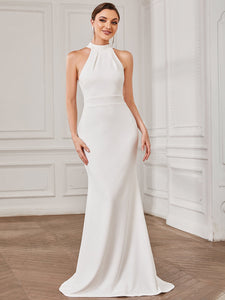 Color=White | Halter Neck Sleeveless Backless Fishtail Wholesale Wedding Dresses-White 3