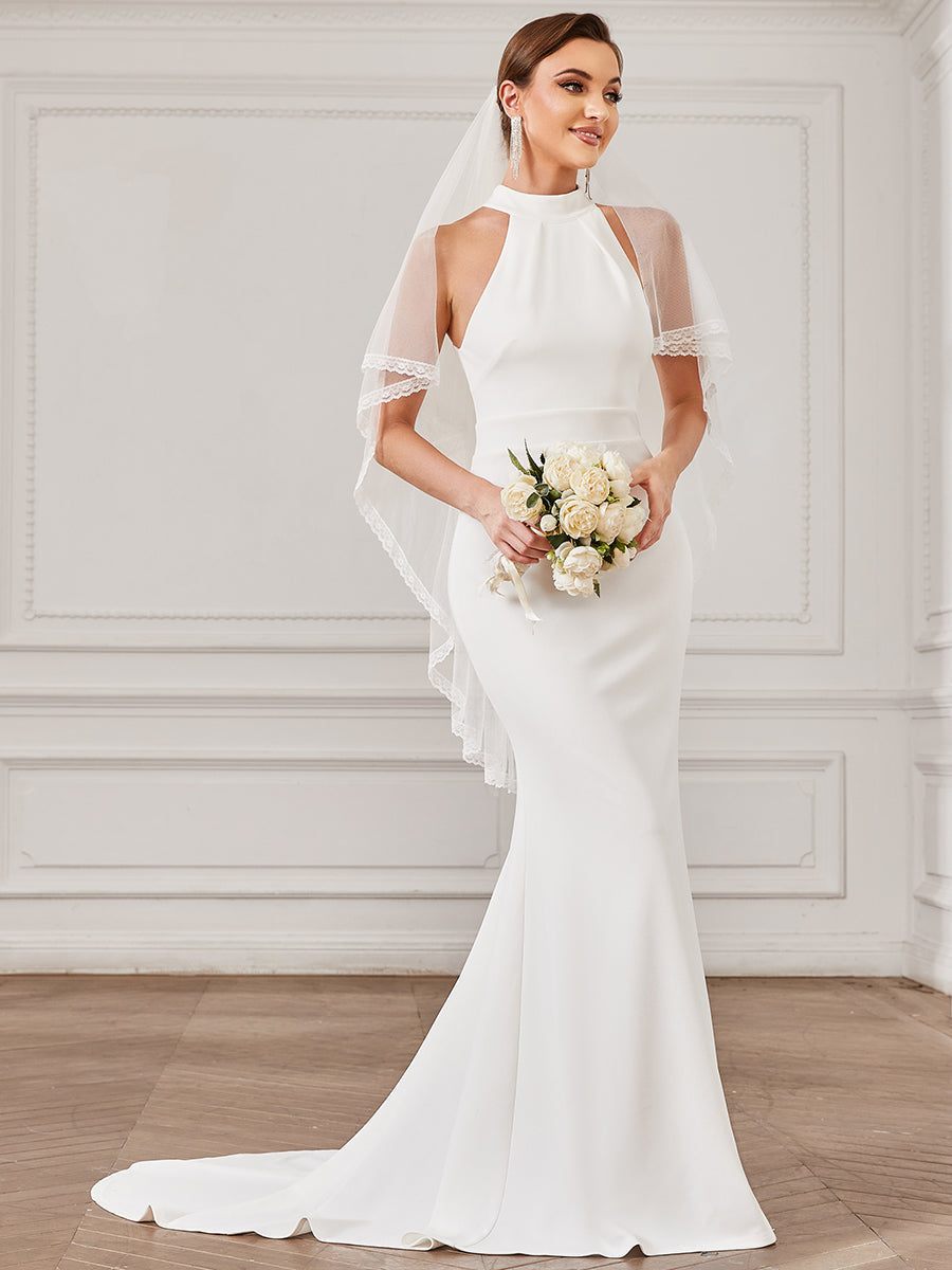 Color=White | Halter Neck Sleeveless Backless Fishtail Wholesale Wedding Dresses-White 1