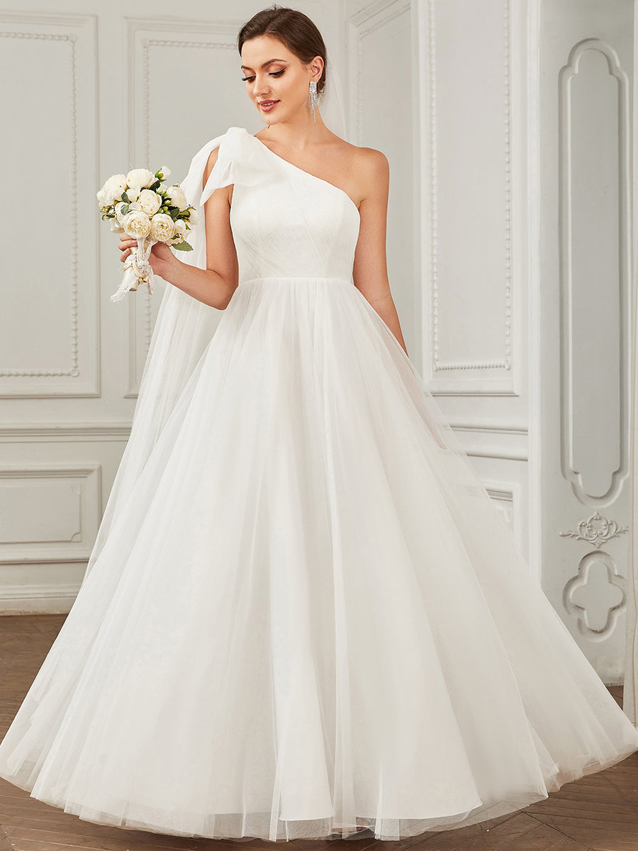 Color=White | Sexy One Shoulder A Line Floor Length Wholesale Wedding Dresses-White 1