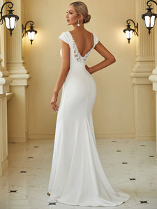 Color=White | Cover Sleeves Backless Fishtail Deep V Neck Wholesale Wedding Dresses-White 2