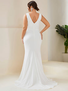 Color=White | Deep V Neck Fishtail Sleeveless Split Wholesale Wedding Dresses-White 2
